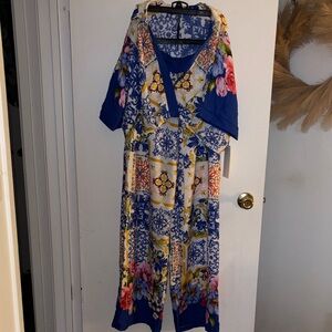 Lulumari Blue Floral Tile Print Maxi Wrap Pant Suit